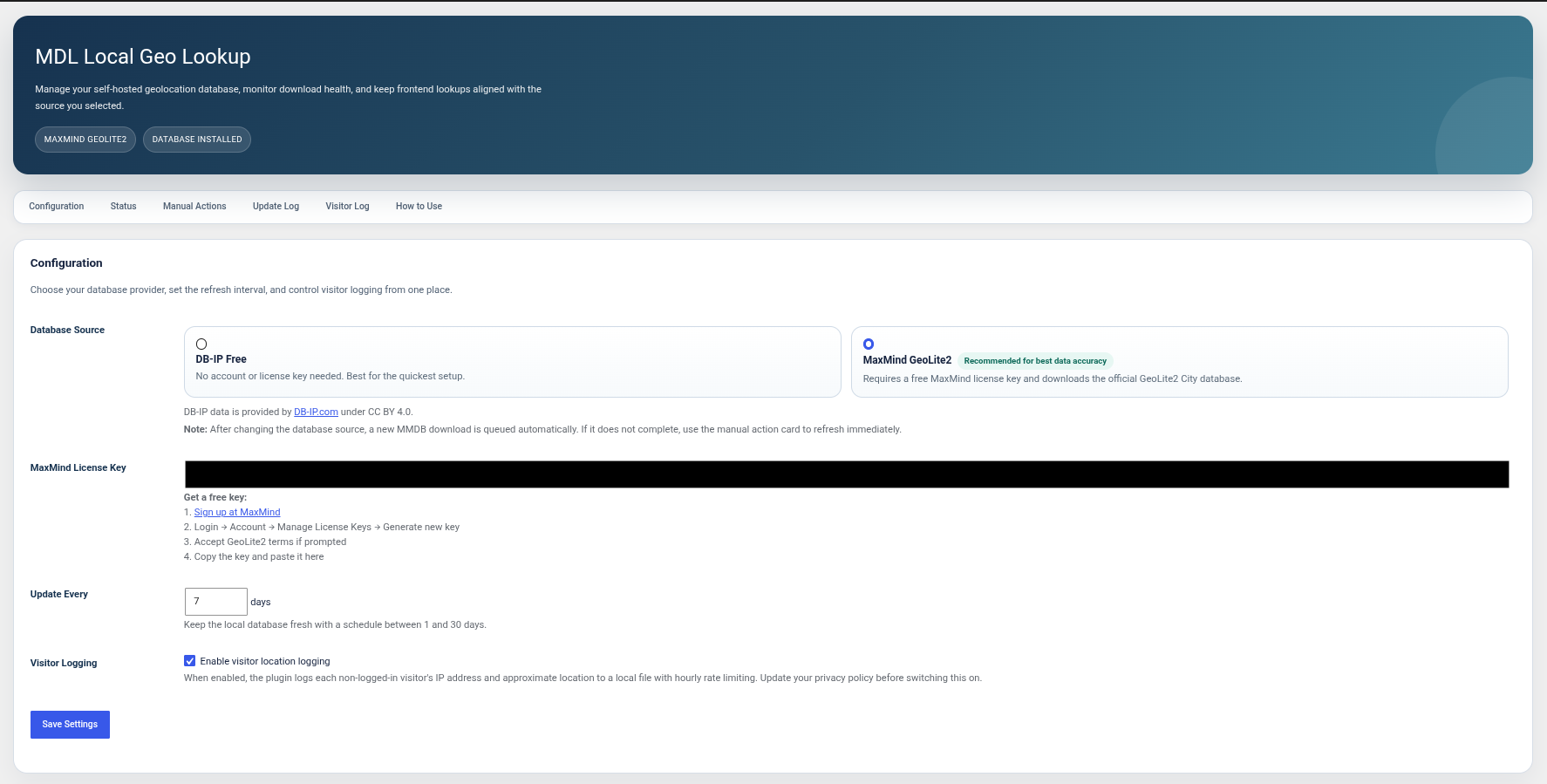 MDL Local Geo Lookup settings page