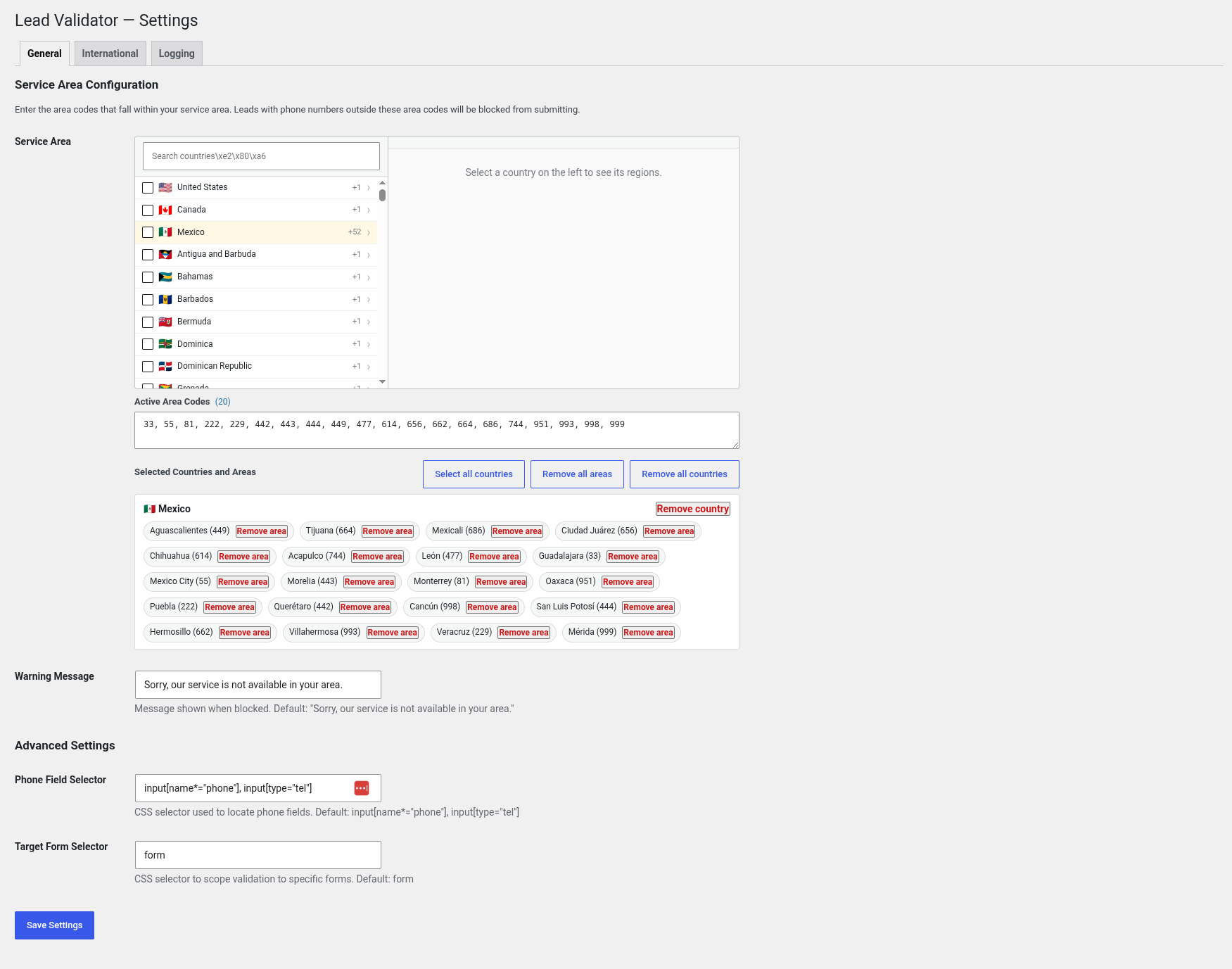MDL Local Service Lead Validator general settings with country and region picker