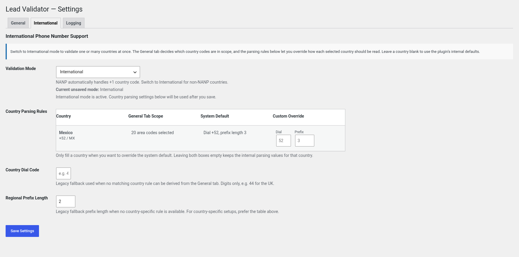 MDL Local Service Lead Validator international settings with country parsing rules table