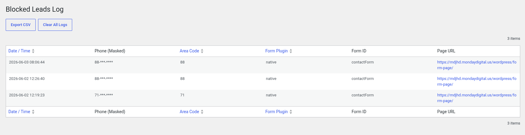 MDL Local Service Lead Validator blocked leads log with sortable columns