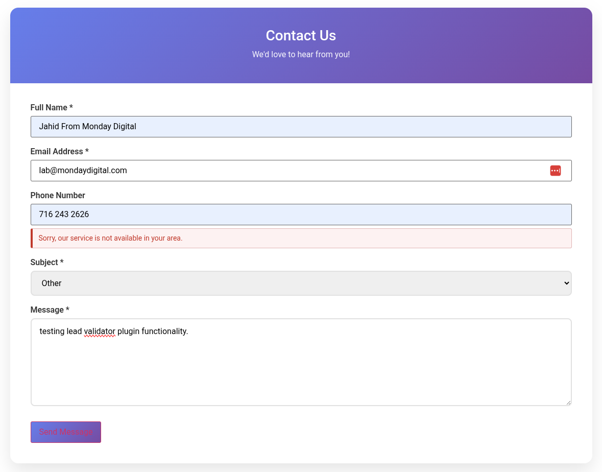 MDL Local Service Lead Validator frontend warning message displayed below a phone field
