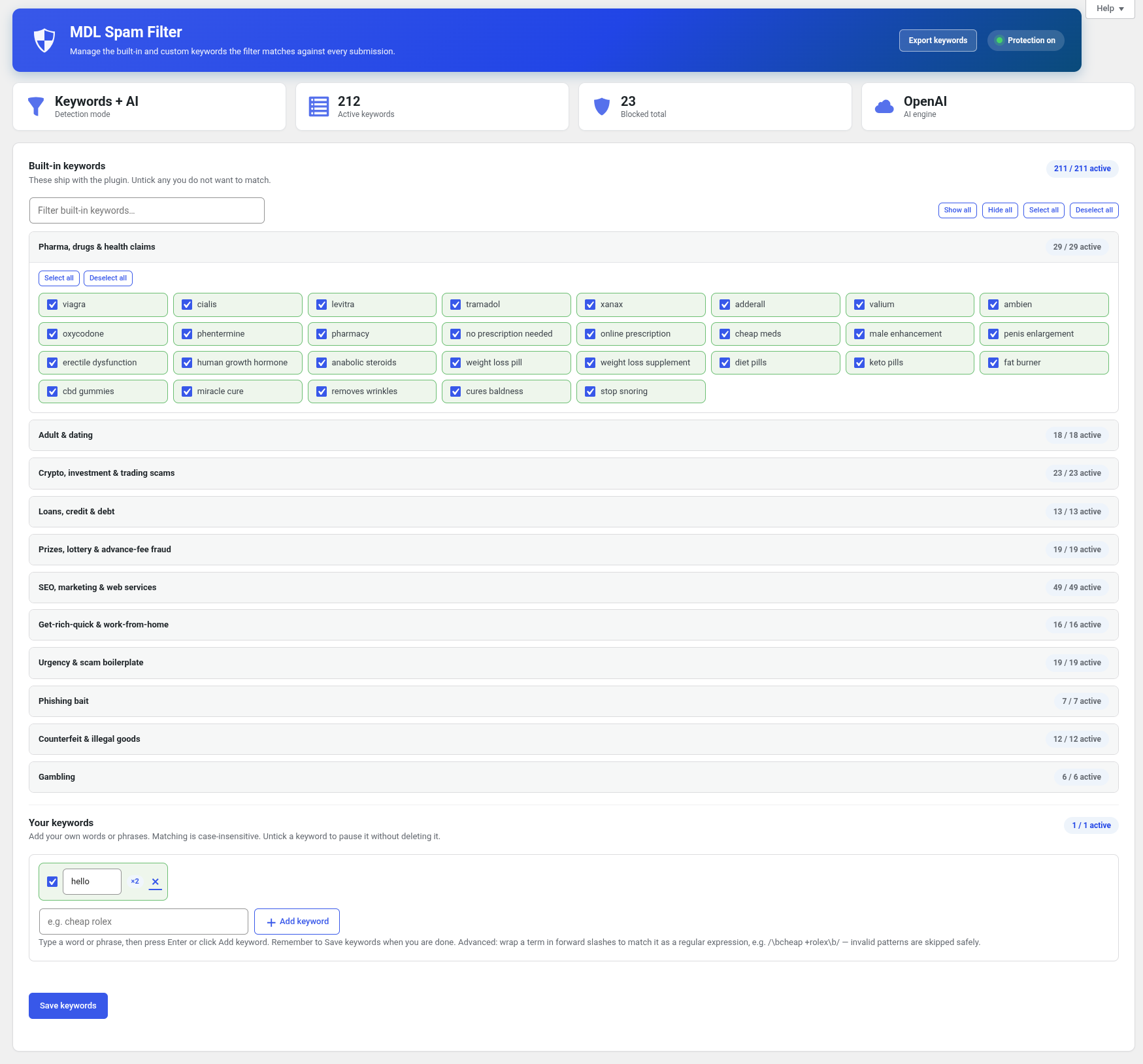 MDL Spam Filter keywords screen with categorised built-in keywords and custom keywords