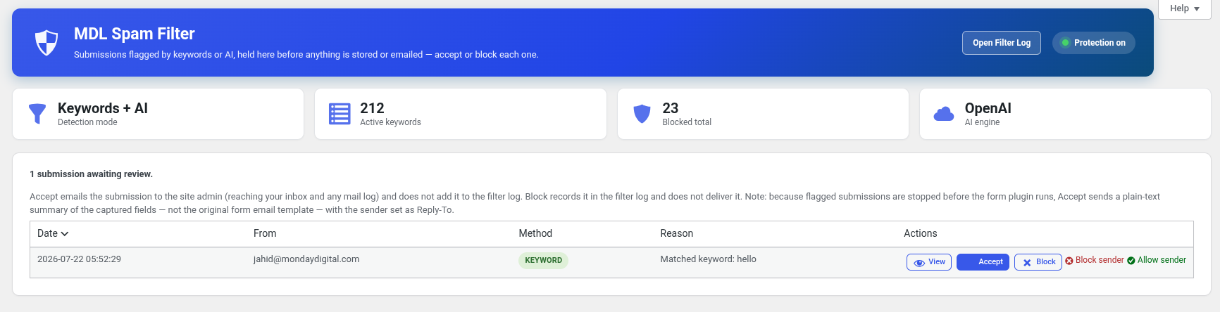 MDL Spam Filter review queue with accept, block, and turn-into-keyword actions